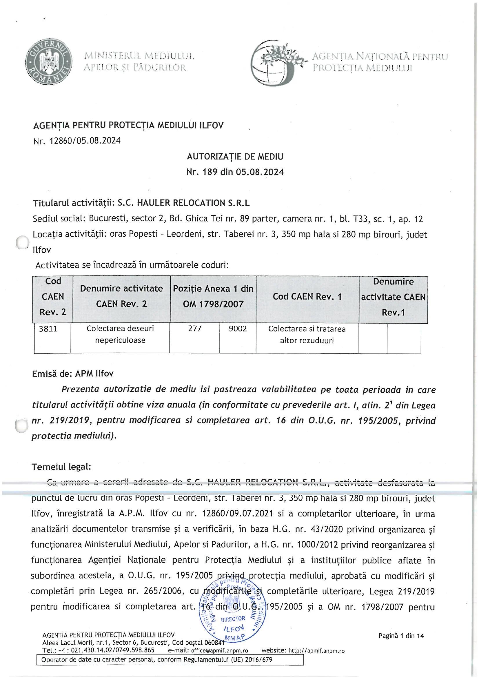 APM IF- HAULER RELOCATION – Autorizatie de Mediu Firma de casare mobilier si mijloace fixe - autorizatie de mediu